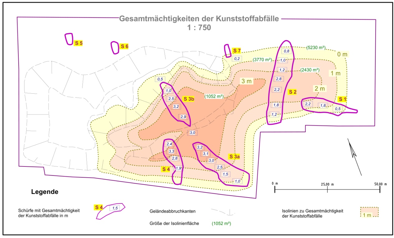 Beispiel zur Ableitung von Isopachen aus den Schurfbeobachtungen zur Ermittlung der Abfallmengen